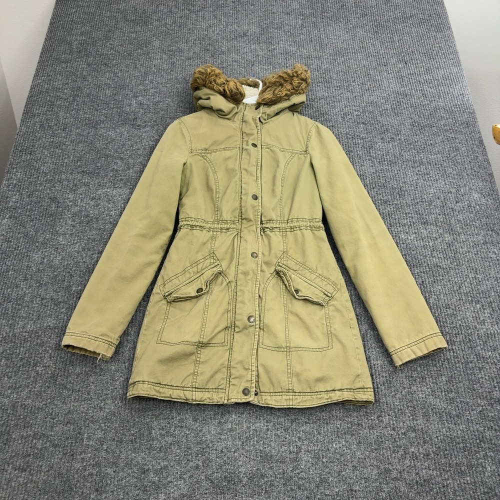 Hollister Parka Jacket Womens XS Green Cotton Faux Fur Trim Hood Sherpa Utility